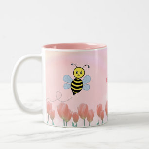 Taza Bicolor Abejas Felices y Tulipanes Rosas