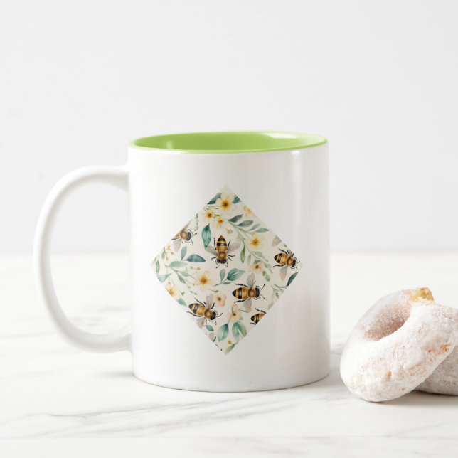 Taza Bicolor Abejas y flores - Abeja de miel con flores de crem (Con donut)