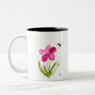 Taza Bicolor Abejorro de flor rosa acuarela