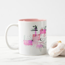 Taza Bicolor Abstracto Flores Geométricas Rosadas Dejan Negro