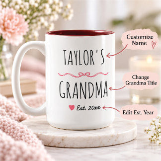 Taza Bicolor Abuela Personalizada con Lazo Rosa y Año de Est.