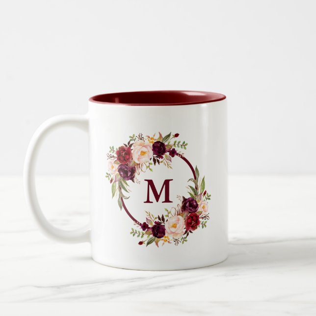 Taza Bicolor Acuarela Borgoña Floral Elegante Monograma (Izquierda)