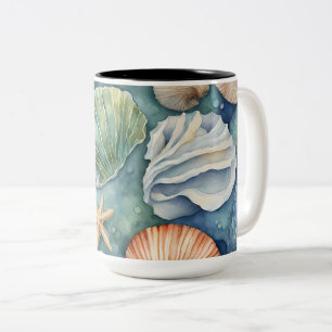 Taza Bicolor Acuarela Brisa Oceánica: Concha y Estrella de Mar