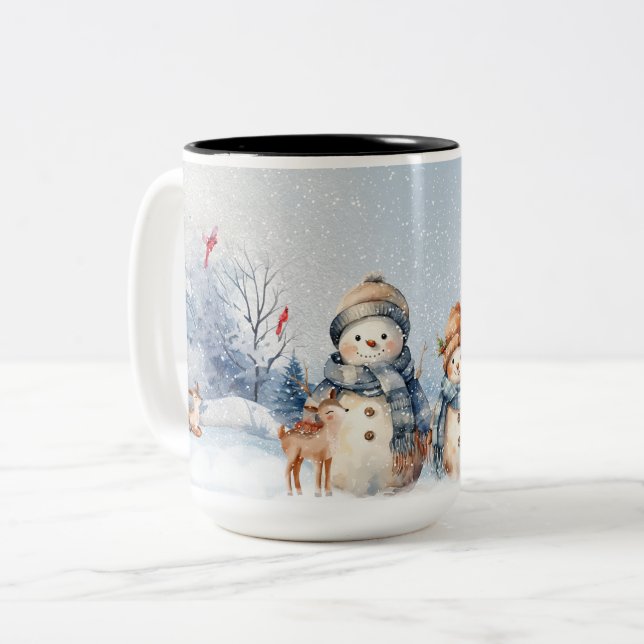 Taza Bicolor Acuarela Cute Snowmen (Anverso izquierdo)