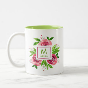 Taza Bicolor Acuarela de moda Rosas rosados calientes y monogra