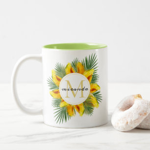 Taza Bicolor Acuarela Melón hojas tropicales monogramo de flor
