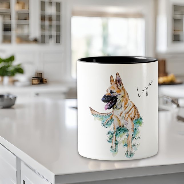 Taza Bicolor Acuarela Pastor Alemán Malinois Personalizado (Subido por el creador)