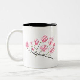 Taza Bicolor Acuarela Pink Magnolia Naturaleza Botánica Floral