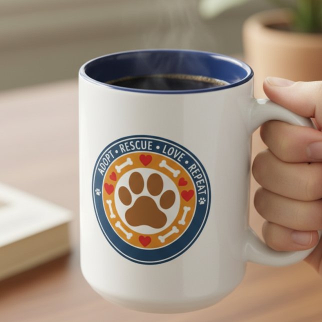 Taza Bicolor Adopt Rescue Love Repeat Paw Print  (Pet rescue supporter mug)