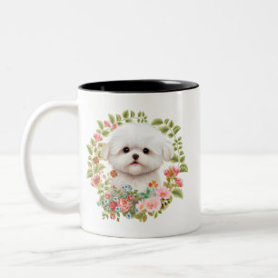 Taza Bicolor Adorable cachorro maltés en flor, amante de los pe