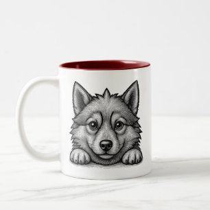Taza Bicolor Adorable Husky Puppy Wood Engraving Style