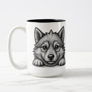 Taza Bicolor Adorable Husky Puppy Wood Engraving Style