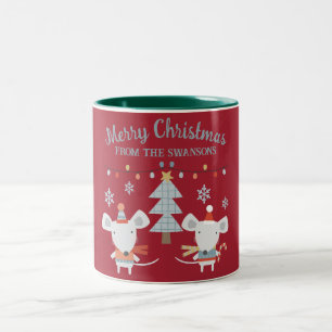 Taza Bicolor Adorables ratones de Navidad y árbol sobre rojo bu