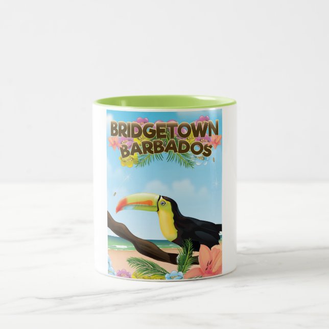 Taza Bicolor Afiche de viaje de Bridgetown Barbados Toucan (Centro)
