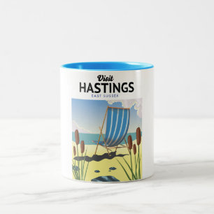 Taza Bicolor Afiche de viaje de la playa de Hastings East Susse