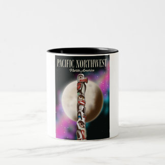 Taza Bicolor Afiche de viaje del Pacífico del Tótem Noroeste