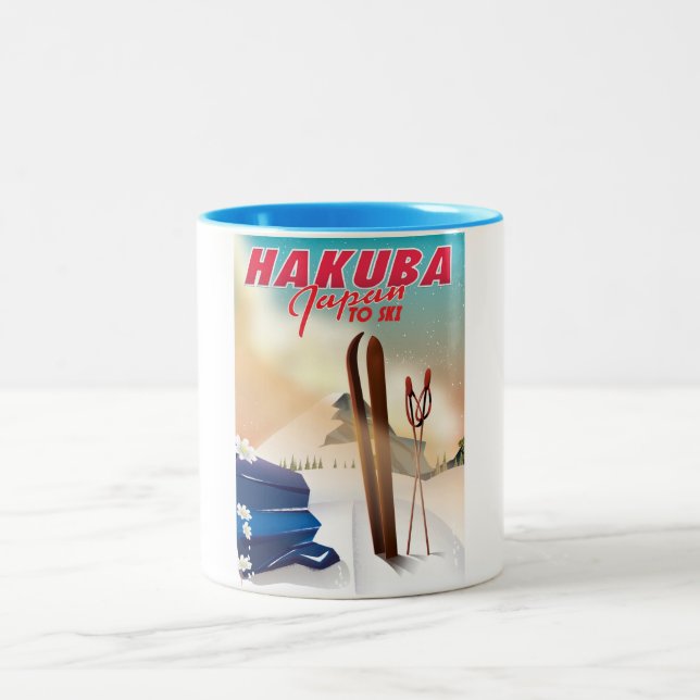 Taza Bicolor Afiche de viaje japonés de Hakuba. (Centro)