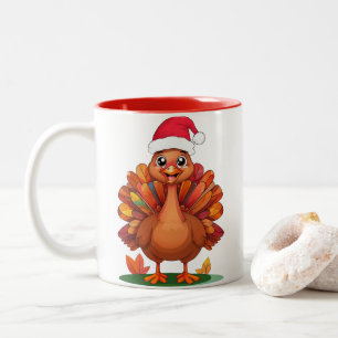 Taza Bicolor Alegre Personalizado Turquía usando Sombrero Santa
