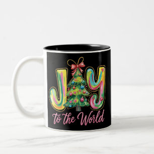 Taza Bicolor Alegría Al Mundo Neon Árbol De Navidad Pincelada 