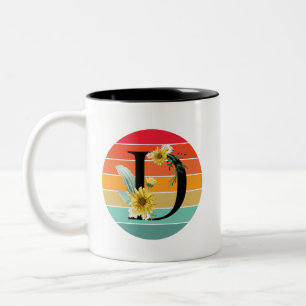Taza Bicolor Alfabeto Floral D Monograma Retro Atardecer