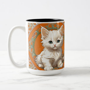 Taza Bicolor Alphonse Mucha Art Nouveau Gatito Blanco