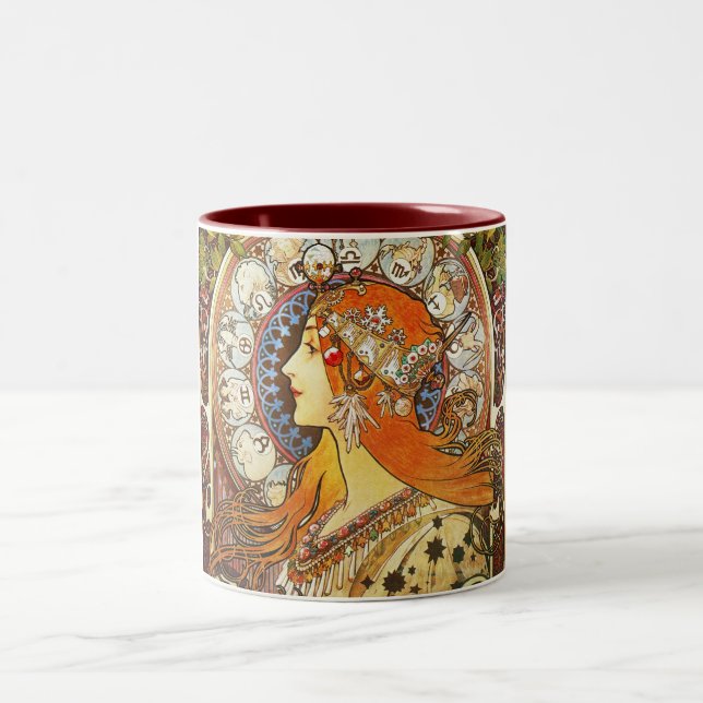 Taza Bicolor Alphonse Mucha La Plume Zodiac Art Nouveau Vintage (Centro)