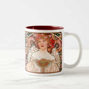 Taza Bicolor Alphonse Mucha Nouveau Lady Coffee Mug en rosa
