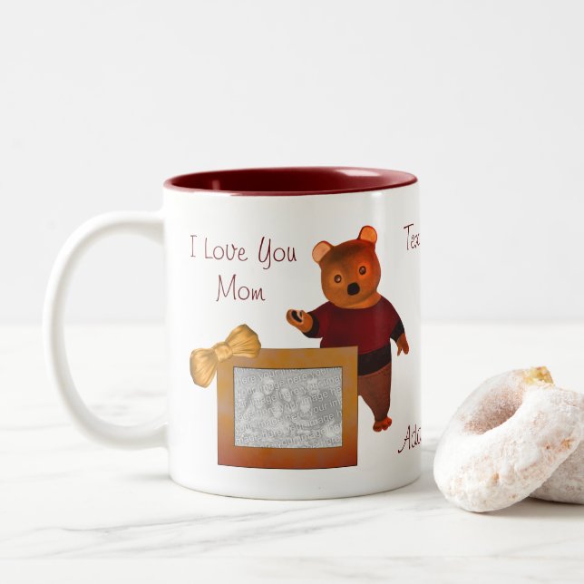 Taza Bicolor Ama, mamá, oso lindo, foto personalizada (Con donut)