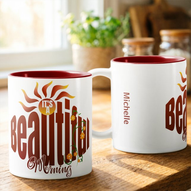 Taza Bicolor Amanecer de Ladrillo Rojo (Coffee tastes better in a cute hand drawn mug. Customize it with your name.)