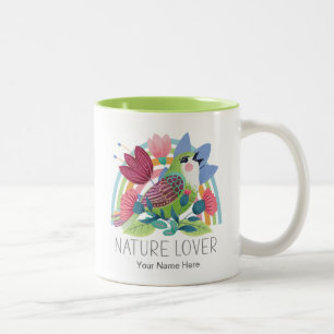 Taza Bicolor Amante de la Naturaleza Acuarela Pájaro Flores Arc