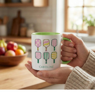 Taza Bicolor Amante de Pickleball Retro Rosa Verde Personalizad