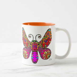 Taza Bicolor Amarillo rosado anaranjado de la mariposa del