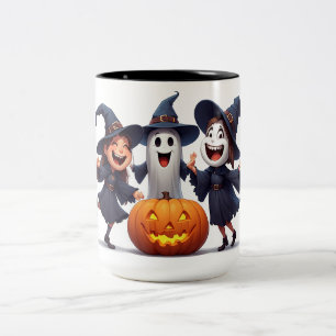 Taza Bicolor Amigas Brujas Bailando Alrededor de una Calabaza d