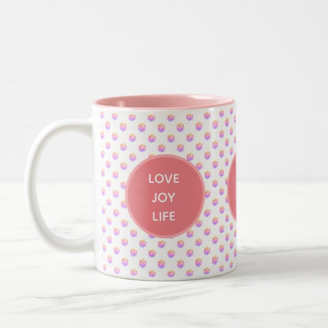 Taza Bicolor Amor, Alegría, Vida Diamantes Rosa (Izquierda)