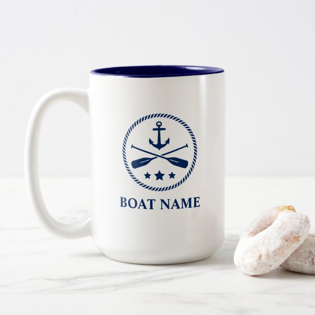 Taza Bicolor Ancla y orejas náuticas Añadir barco o nombre gran (Con donut)