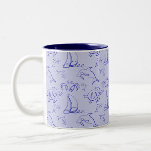 Taza Bicolor Animales marinos y patrón de dibujo de una línea