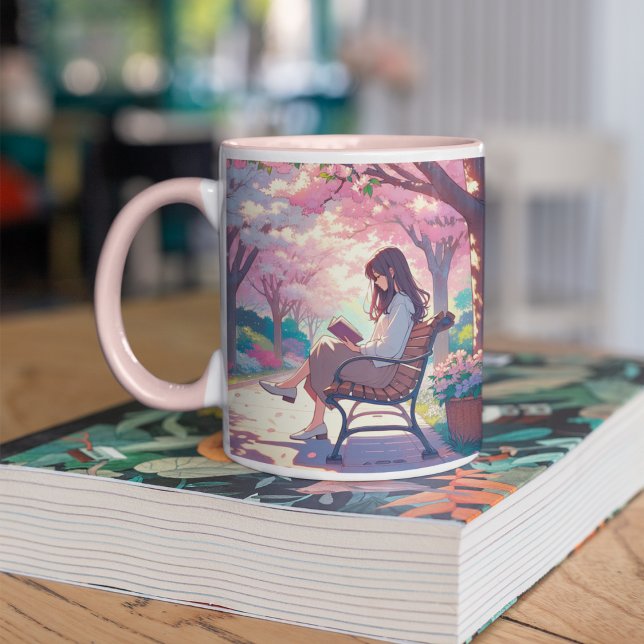 Taza Bicolor Anime Chica leyendo en el parque (Subido por el creador)