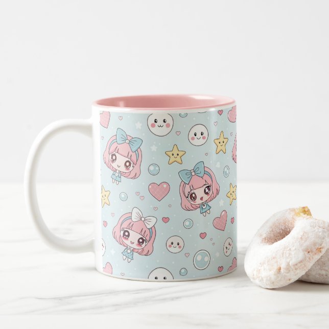 Taza Bicolor  Anime Kawaii with Hearts and Stars (Con donut)