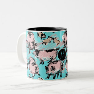 Taza Bicolor Año Cerdo Chino Zodiaco Original Monograma Azul Mu