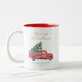 Taza Bicolor Árbol de navidad acuarela y camioneta roja Feliz N