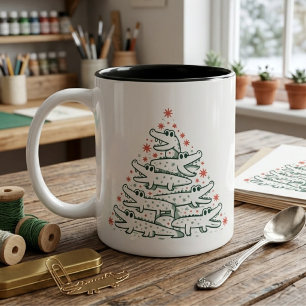 Taza Bicolor Árbol de Navidad de Cocodrilo con Copos de Nieve V