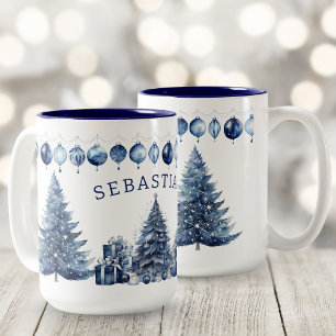 Taza Bicolor Árbol de Navidad en azul marino moderno con nombre