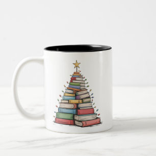 Taza Bicolor Árbol de Navidad Libro Retro Bibliófilo Biblioteca