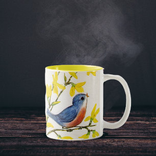 Taza Bicolor Árbol de pájaro azul cantor lindo