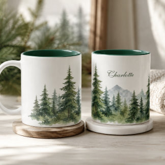 Taza Bicolor Árbol de Pino Moderno Invierno Nombre Personalizad