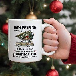 Taza Bicolor Árbol gracioso en Navidades familiares de autos