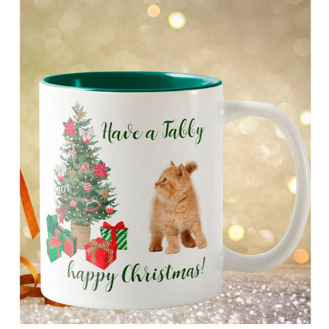 Taza Bicolor Árbol Tabby Cat Happy Navidades (Subido por el creador)