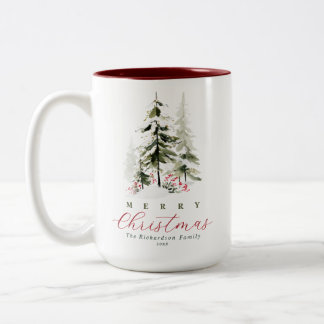 Taza Bicolor Árboles de Pino Acuarela Rústica Navidad Personali