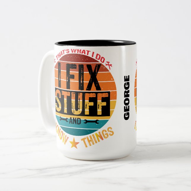 Taza Bicolor ¡Arreglo Cosas y sé Cosas! Personalizado (Anverso izquierdo)
