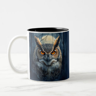 Taza Bicolor Arte Acuarela de Búho Místico | Búho de Luna en Bo